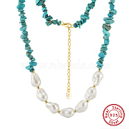 Natural Turquoise Chip & Nuggets Shell Pearl Beaded Necklaces, with 925 Sterling Silver End Chains, Real 14K Gold Plated, 15.55 inch(39.5cm)(NJEW-L125-007G)