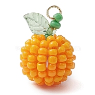 Seed Beads Beaded Pendants, Apple Charms, with Glass Pearl Beads inside, Orange, 21.5x15mm, Hole: 2mm(PALLOY-TA00159-03)