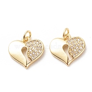 Brass Micro Pave Clear Cubic Zirconia Pendants, with Jump Ring, Cadmium Free & Lead Free, Heart, Real 18K Gold Plated, 12x12x2.4mm, Hole: 2.5mm(ZIRC-P099-09G)