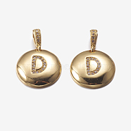 Brass Pendants, with Cubic Zirconia, Cadmium Free & Lead Free, Flat Round with Letter, Golden, Letter.D, 22mm, Hole: 2x3mm, Pendant: 15x3mm(KK-K194-D-G-RS)