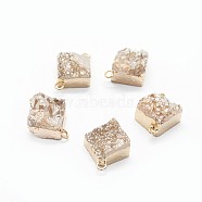 Natural Druzy Quartz Links connectors, with Brass Findings, Square, Golden, Wheat, 16~18x13~14x6~8mm, Hole: 2mm(G-P396-09G-03)