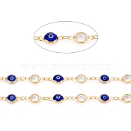 Handmade Brass Link Chains, with Glass & Cubic Zirconia & Spool, Soldered, Long-Lasting Plated, Flat Round with Evil Eye, Golden, 13x6.5~7x3mm, about 32.8 Feet(10m)/roll(CHC-D026-07G)