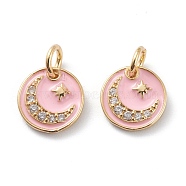 Brass Micro Pave Clear Cubic Zirconia Charms, with Pink Enamel, Long-Lasting Plated, With Jump Rings, Flat Round with Moon and Star, Real 18K Gold Plated, 10x1.5mm, Hole: 3mm, Jump Ring: 5x1mm(ZIRC-Z008-10G)