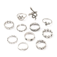 Zinc Alloy Finger Ring Sets, Hollow, Flower & Leaf & Snake & Rose & Star & Wave, Antique Silver, 1~15.5mm, Inner Diameter: 16.7~18.1mm, 11pcs/set(RJEW-L101-01AS)