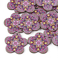 Printed Basswood Pendants, Back Random Color, Flower, Hot Pink, 33.5x34.5x3mm, Hole: 1.5mm(WOOD-S045-018D)