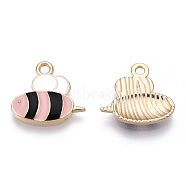 Light Gold Plated Alloy Pendants, with Enamel, Bees, Pink, 16x17x2.5mm, Hole: 1.8mm(ENAM-T009-32A)