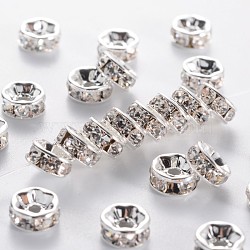 Brass Grade A Rhinestone Spacer Beads, Silver Color Plated, Nickel Free, Crystal, 7x3.2mm, Hole: 1.2mm(RSB037NF-01)