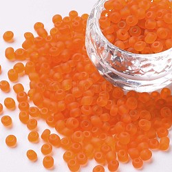 Glass Seed Beads, Frosted Colors, Round, Orange, 4mm, Hole: 1~1.5mm, about 4500pcs/pound(SEED-A008-4mm-M9)