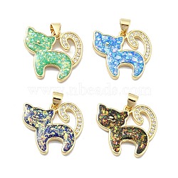 Brass Micro Pave Clear Cubic Zirconia Pendants, with Sythetic Opal, Cat Shape, Real 18K Gold Plated, Mixed Color, 18.5x20.5x3mm, Hole: 3.5x3mm(KK-A221-17G)