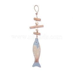 Mediterranean Style Fish Wood Hanging Pendant, Antique Wood Fish Ornament, with Shells, for Home Wall Decor, Light Blue, 500x102.5x18mm(HJEW-C007-02B)