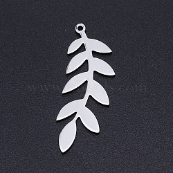 Non-Tarnish 201 Stainless Steel Pendants, Leaf, Stainless Steel Color, 37x13x1mm, Hole: 1.5mm(STAS-N090-JN817-1)