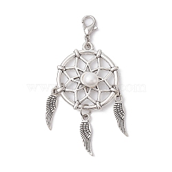 Woven Net/Web with Feather Tibetan Style Alloy Pendant Decoraiton, with Natural Cultured Freshwater Pearl Beads and Alloy Lobster Claw Clasps, Antique Silver & Platinum, 63.5mm(HJEW-JM01387-01)