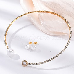 Round Plastic Imitation Pearl Stud Earrings & Cubic Zirconia and Rhinestone Cuff Choker Necklaces Sets, 304 Stainless Steel Jewerly Set for Women, Golden, Inner Diameter: 4.43 inch(112.5mm)(SJEW-U003-03G)