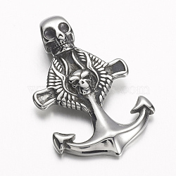 304 Stainless Steel Big Pendants, Anchor with Skull, Antique Silver, 47.5x30x10mm, Hole: 6mm(STAS-D166-02AS)