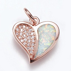 Brass Micro Pave Cubic Zirconia Charms, with Synthetic Opal, Heart, Rose Gold, Champagne Yellow, 14.5x15x2.5mm, Hole: 4mm(KK-L161-11RG-D)