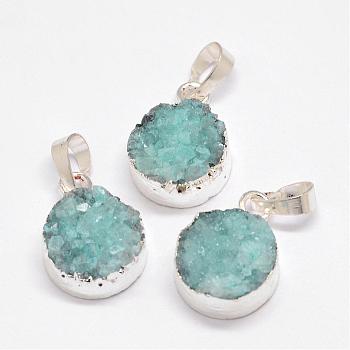 Electroplated Natural & Dyed Druzy Agate Pendants, with Silver Color Plated Brass Findings, Flat Round, Aqua, 18.5~21x14x8~10mm, Hole: 7.5x5mm