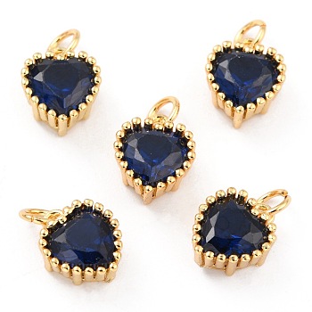 Real 18K Gold Plated Brass Inlaid Cubic Zirconia Charms, with Jump Ring, Long-Lasting Plated, Heart, Dark Blue, 8.5x7x4mm, Jump Ring: 4x0.5mm, 2.5mm Inner Diameter