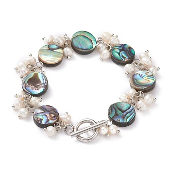 Flat Round Natural Abalone Shell/Paua Shell Beaded Bracelets, with Natural Pearl Beads and 304 Stainless Steel Toggle Clasps, Colorful, 7-1/2 inch(19cm)
