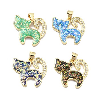 Brass Micro Pave Clear Cubic Zirconia Pendants, with Sythetic Opal, Cat Shape, Real 18K Gold Plated, Mixed Color, 18.5x20.5x3mm, Hole: 3.5x3mm