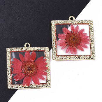 Epoxy Resin Pendants, with Dried Flower Inside and Light Gold Plated Alloy Open Back Bezel, Square, Red, 34x30x2mm, Hole: 1.8mm