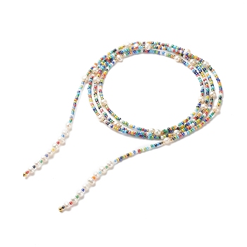 Natural Pearl & Glass Seed Beaded Rope Knot Multi Layered Necklace for Women, Colorful, 60.24~60.63 inch(153~154cm)