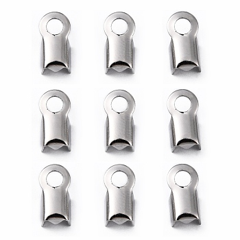 304 Stainless Steel Fold Over Crimp Cord Ends, Stainless Steel Color, 9x4x3.5mm, Hole: 2mm, 3x5mm inner diameter