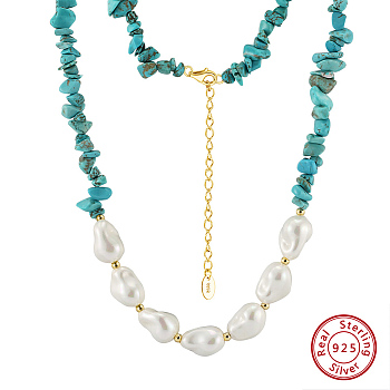 Natural Turquoise Chip & Nuggets Shell Pearl Beaded Necklaces, with 925 Sterling Silver End Chains, Real 14K Gold Plated, 15.55 inch(39.5cm)