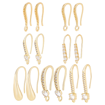14Pcs 7 Style Brass Micro Pave Cubic Zirconia Earring Hooks Set, Ear Wire with Horizontal Loops, Real 18K Gold Plated, 16.5~23.8x7.5~10x2~4.5mm, Pin: 0.6~1mm, 2Pcs/style