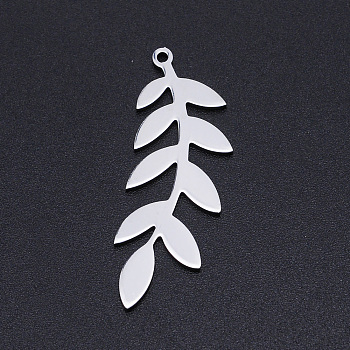 201 Stainless Steel Pendants, Leaf, Stainless Steel Color, 37x13x1mm, Hole: 1.5mm