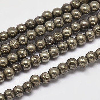 Natural Pyrite Round Beads Strands, Grade A, 3mm, Hole: 1mm, about 130pcs/strand, 16 inch
