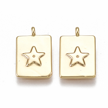 Brass Charms, Nickel Free, Real 18K Gold Plated, Rectangle with Star, 13x8x1mm, Hole: 0.9mm
