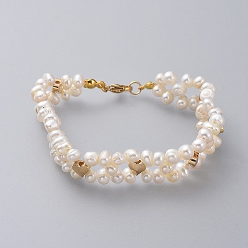 Beaded Bracelets, with Natural Pearl, Brass Findings, Cornsilk, Real 18K Gold Plated, 7-1/2 inch(19cm), 13mm