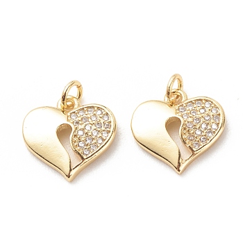 Brass Micro Pave Clear Cubic Zirconia Pendants, with Jump Ring, Cadmium Free & Lead Free, Heart, Real 18K Gold Plated, 12x12x2.4mm, Hole: 2.5mm