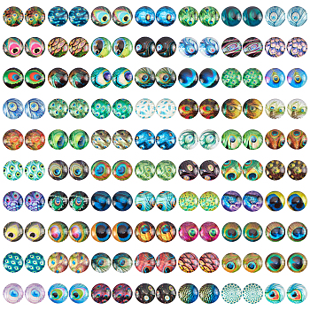 Flatback Glass Cabochons for DIY Projects, Dome/Half Round with Peacock Feathers Pattern, Mixed Color, 12x4mm