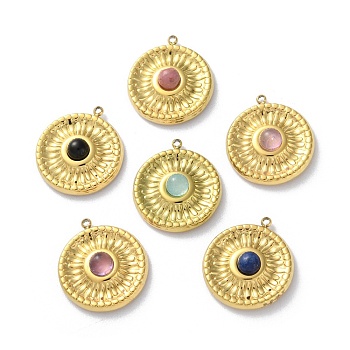 Natural Mixed Gemstone Pendants, Ion Plating(IP) 304 Stainless Steel Flat Round Charms, Mixed Dyed & Undyed, Real 18K Gold Plated, 18x16x4.5mm, Hole: 1mm