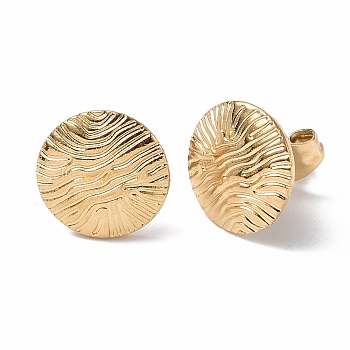 Ion Plating(IP) 304 Stainless Steel Textured Flat Round Stud Earrings for Women, Real 18K Gold Plated, 11mm, Pin: 0.7mm