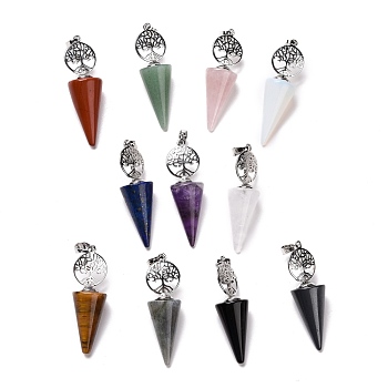 Natural & Synthetic Gemstone Big Pendants, with Platinum Plated Brass Findings, Cone, Cadmium Free & Lead Free, Mixed Dyed and Undyed, 51.5x14mm, Hole: 8x5mm