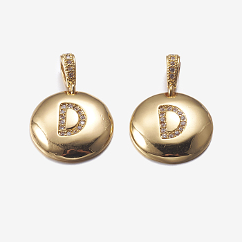 Brass Pendants, with Cubic Zirconia, Cadmium Free & Lead Free, Flat Round with Letter, Golden, Letter.D, 22mm, Hole: 2x3mm, Pendant: 15x3mm
