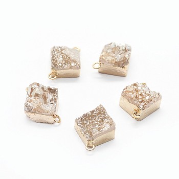 Natural Druzy Quartz Links connectors, with Brass Findings, Square, Golden, Wheat, 16~18x13~14x6~8mm, Hole: 2mm