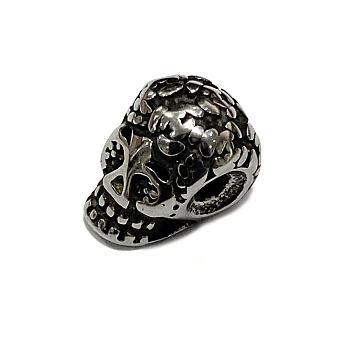 304 Stainless Steel Beads, Skull, Antique Silver, 12.5x8.5x9mm, Hole: 2mm