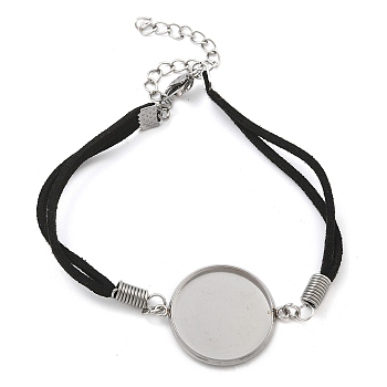 Faux Suede Double Cord Bracelet Making, with 304 Stainless Steel Round Tray, Stainless Steel Color, Black, 7-1/4 inch(18.4cm), Tray: 20mm