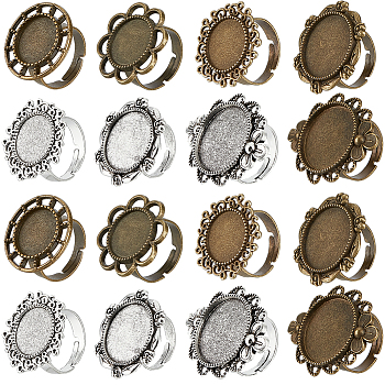 16Pcs 8 Style Adjustable Alloy Finger Rings Components, Bezel Cup Ring Settings, Flower & Flat Round, Antique Silver & Antique Bronze, Inner Diameter: 17~17.3mm, Tray: 14~20mm, 2Pcs/style