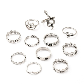Zinc Alloy Finger Ring Sets, Hollow, Flower & Leaf & Snake & Rose & Star & Wave, Antique Silver, 1~15.5mm, Inner Diameter: 16.7~18.1mm, 11pcs/set