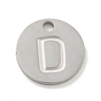 304 Stainless Steel Pendants, Laser Cut, Flat Round with Letter Charm, Stainless Steel Color, Letter D, 10x1mm, Hole: 1.4mm