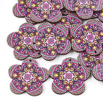 Printed Basswood Pendants, Back Random Color, Flower, Hot Pink, 33.5x34.5x3mm, Hole: 1.5mm