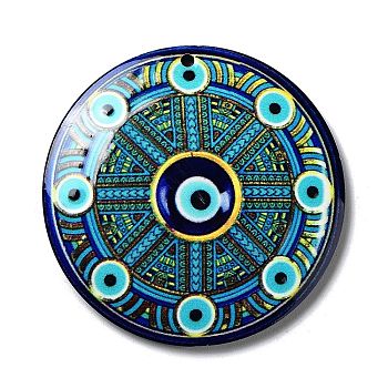 Opaque Acrylic Pendants, Flat Round with Hamsa Hand & Evil Eye, Medium Turquoise, 42.5x2mm, Hole: 1.5mm