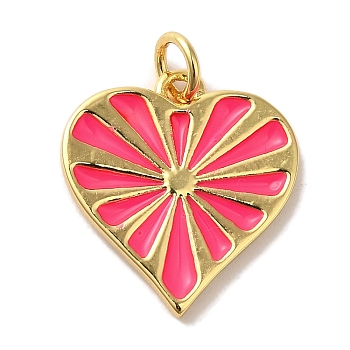 Rack Plating Brass Pendants, with Enamel and Jump Ring, Cadmium Free & Lead Free, Long-Lasting Plated, Real 18K Gold Plated, Heart Charm, Deep Pink, 17.5x16.5x2mm, Hole: 3mm