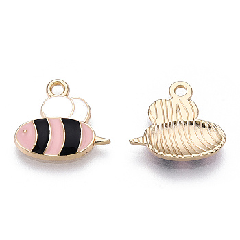 Light Gold Plated Alloy Pendants, with Enamel, Bees, Pink, 16x17x2.5mm, Hole: 1.8mm