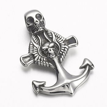 304 Stainless Steel Big Pendants, Anchor with Skull, Antique Silver, 47.5x30x10mm, Hole: 6mm