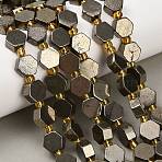Natural Gold Pyrite/Golden Pyrite Beads Strands, Hexagon, with Seed Beads, 9x10x5mm, Hole: 0.8mm, about 15pcs/strand, 7.09''(18cm)(G-F833-B17-01)